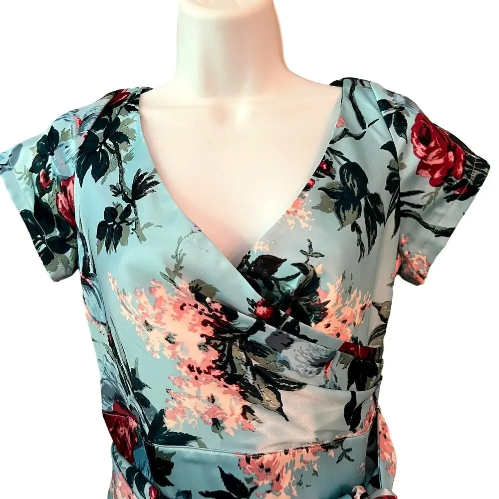 Pinup Couture Rockabilly Retro Ava Faux Wrap Blue Floral Dress Sz Small - Picture 2 of 8